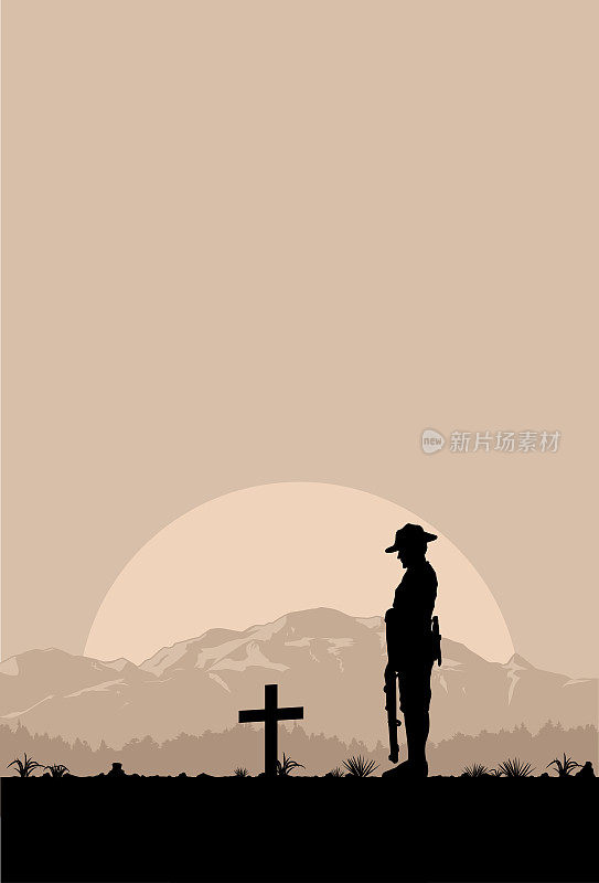 在澳新军团日，士兵在坟墓上致敬的剪影，向量