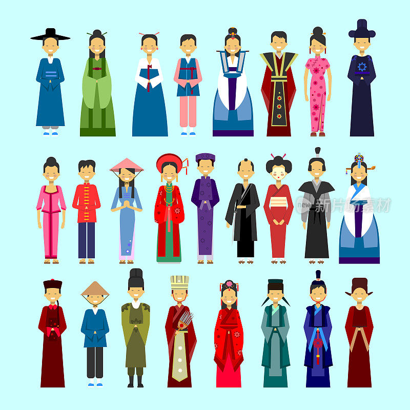 集人于亚洲传统服饰，男女民族服饰收集概念