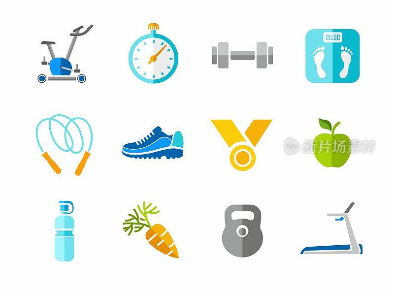 运动，健身，健身房，彩色图标。