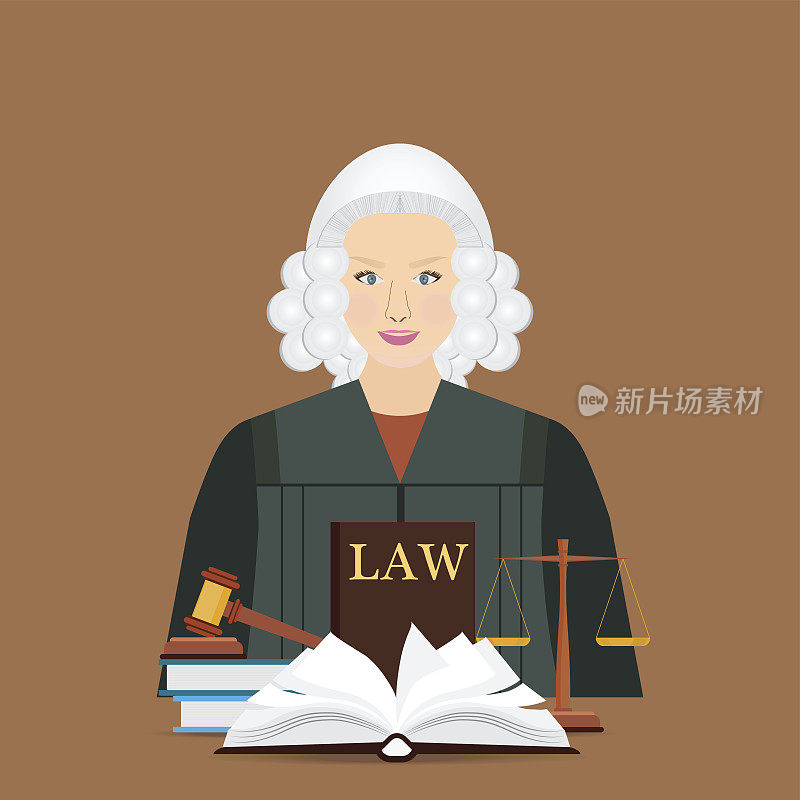 女法官戴假发与法律和公正设置图标。