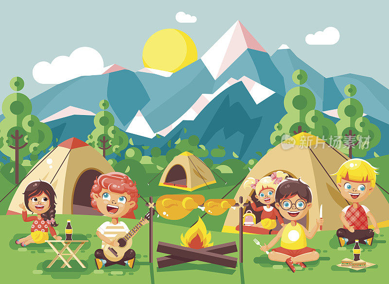 矢量插图卡通人物儿童男孩唱歌弹吉他与女童子军，露营的自然，徒步帐篷和背包，冒险公园户外背景山平风格