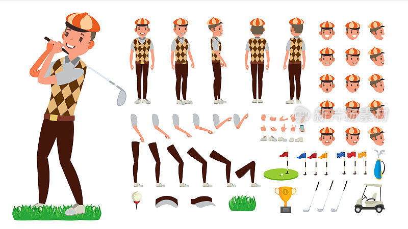 高尔夫球员向量。动画角色创建集。足球工具和设备。采购产品全长，前，侧，后视图，配件，姿势，面部情绪，手势。独立平面卡通插图