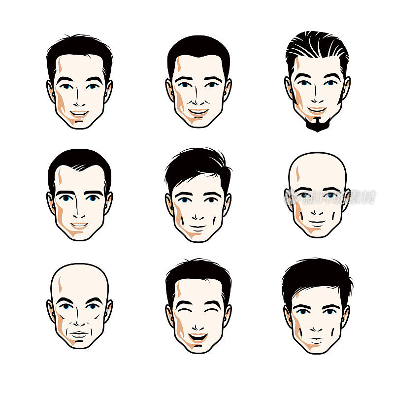 一组人脸，人头。不同的向量字符，如深色，秃顶，有胡子或胡子，英俊的男性。