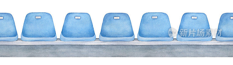 灰色站台上的淡蓝色空座位长而无缝的可重复线条。正面，没有人。