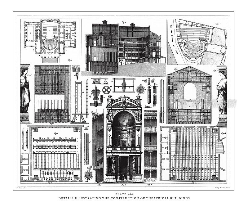 详细说明戏剧建筑的建设雕刻古董插图，出版于1851年