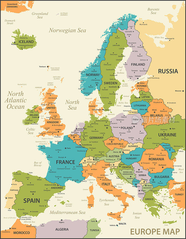 欧洲地图。波兰，葡萄牙，西班牙和荷兰的Vintage插图