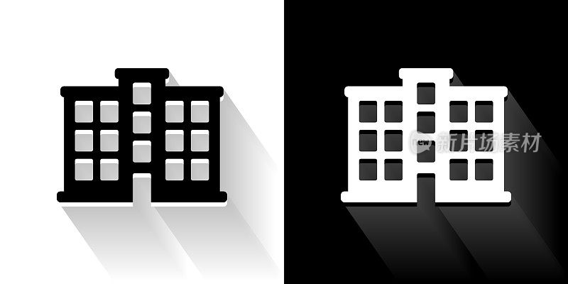 公寓楼黑色和白色的图标与长影子