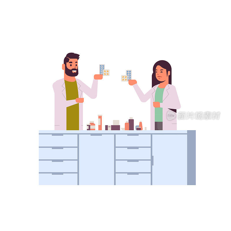 科学研究人员夫妇拿着药物包装在统一的男人女人分析药丸科学家在实验室研究科学概念的实验全长平坦