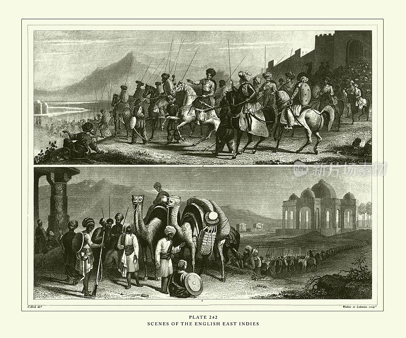 雕刻古董,英国东印度群岛场景雕刻古董插图,1851年出版