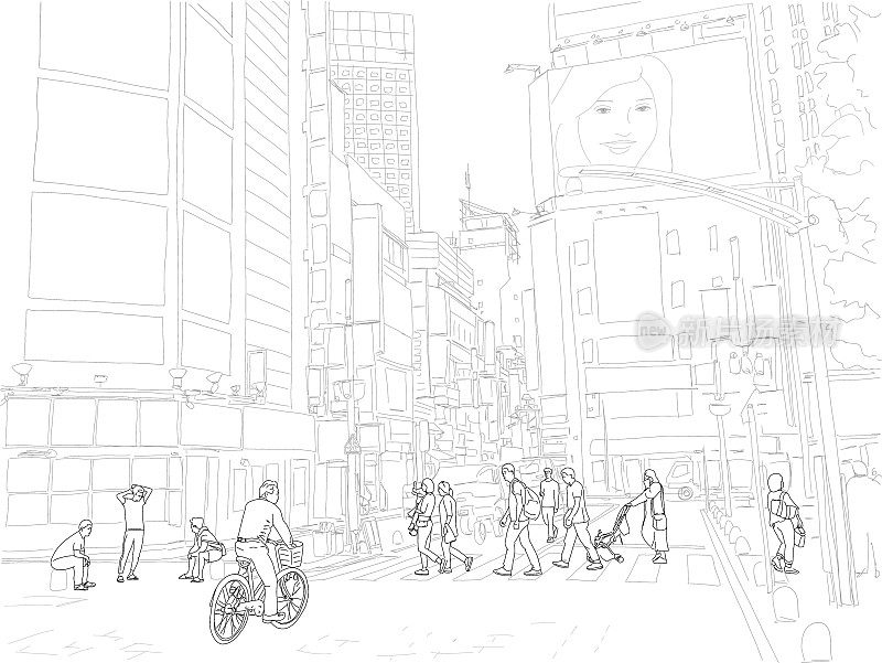 手绘插图。人们穿过街道在美丽和令人兴奋的新宿附近的东京，日本。黑色和白色。