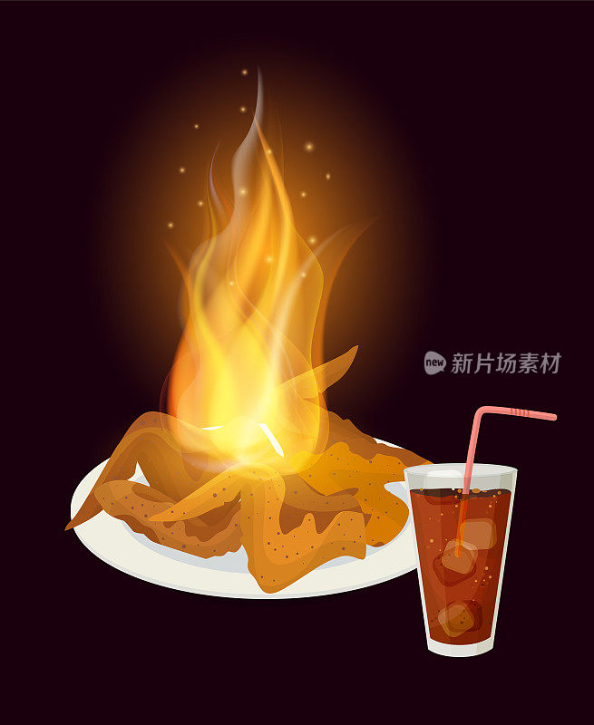 鸡翅与火在黑暗的背景矢量插图平面风格。热的和辛辣的食物烤或炸鸡的盘子和玻璃杯与冷饮柠檬水加冰。