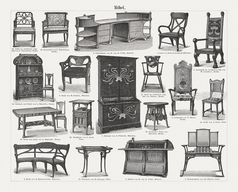 新艺术时期的家具，木刻，1899年出版