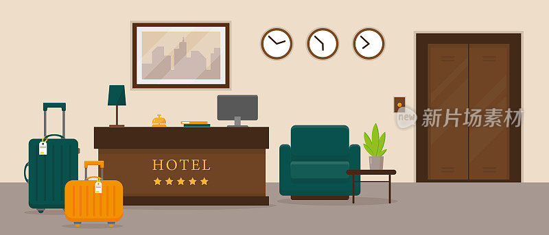酒店接待室内设计。度假村大厅矢量插图。