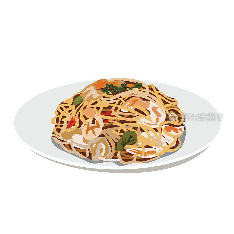 盘子里有意大利面和肉丸，是媒介食物