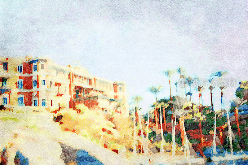水彩画的老瀑布酒店与棕榈树