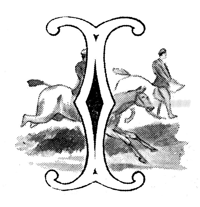 古董插图的体育和休闲活动:大写字母I和狩猎的马