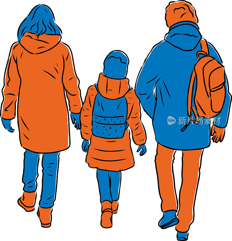矢量插图的父母和他们的女儿一起在户外散步