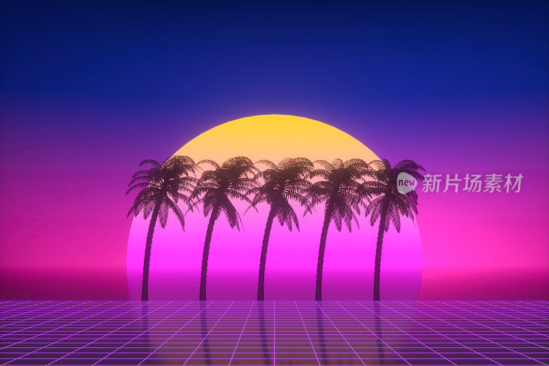 复古的未来主义太阳与棕榈树，80年代抽象背景