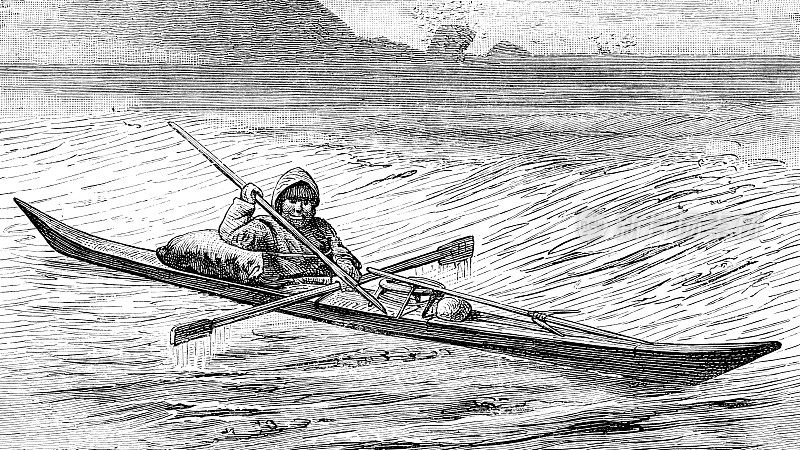 1889年，格陵兰岛的爱斯基摩人或因纽特人乘坐皮艇