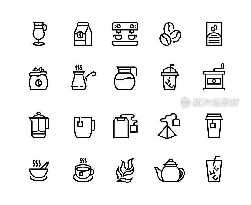1908.m30.i020.n008.S.c12.682565341咖啡和茶线图标。拿铁咖啡和卡布奇诺咖啡杯，马克杯和带走的杯子和茶。矢量咖啡制作工艺
