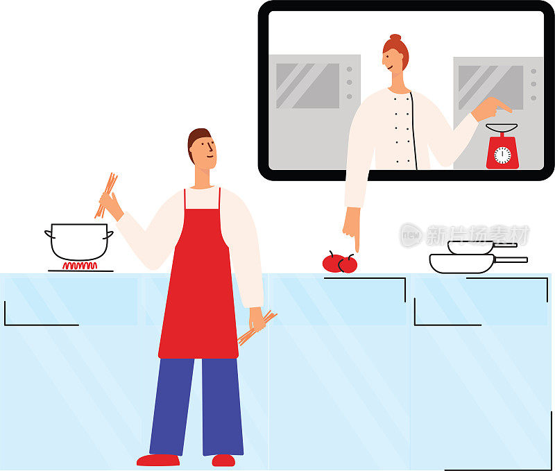 在线烹饪课程。和女厨师一起做意大利面的男人。烹饪视频广播，频道或博客与烹饪在线课程。矢量股票平面插图孤立在白色背景。EPS10。