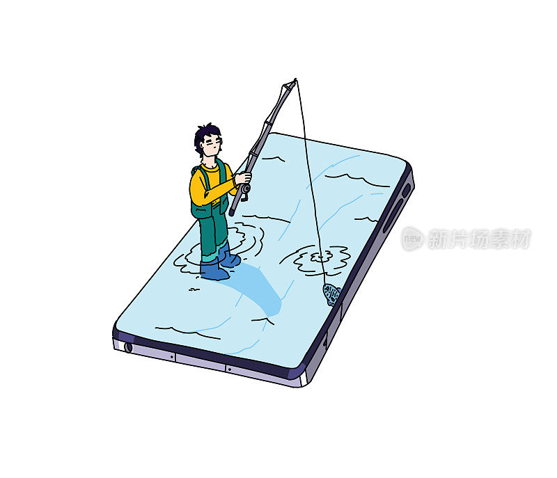 钓到鱼后在浅水区钓鱼的人。通过手机度假的概念。