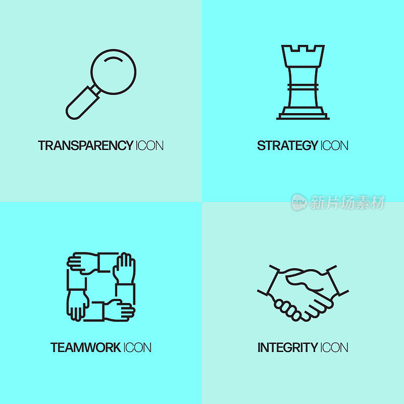 核心价值相关的线图标，轮廓矢量符号说明。