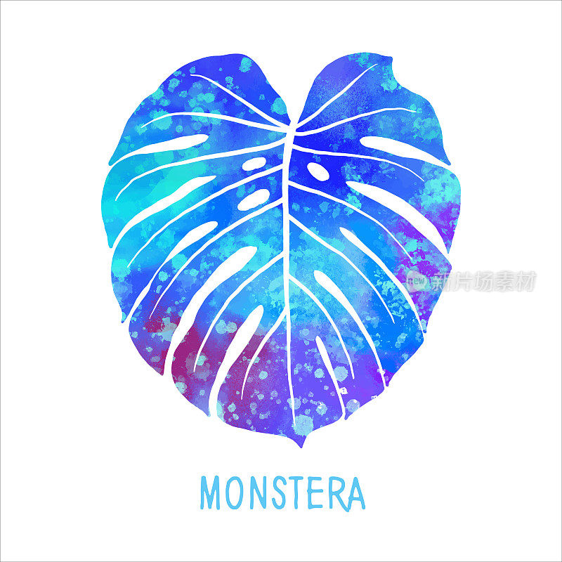 手绘水彩Monstera叶孤立。热带花卉夏季背景。党传单模板。设计元素的销售横幅，海报，标签和邀请卡。