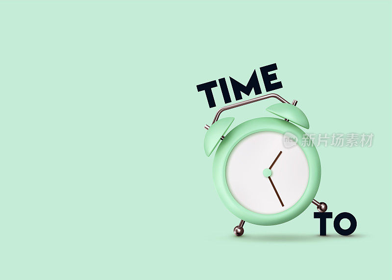 时钟三维向量。绿色闹钟现实的塑料在柔和柔和的颜色。时间到了。
