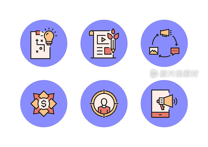 内容营销平面线图标，轮廓向量符号插图。