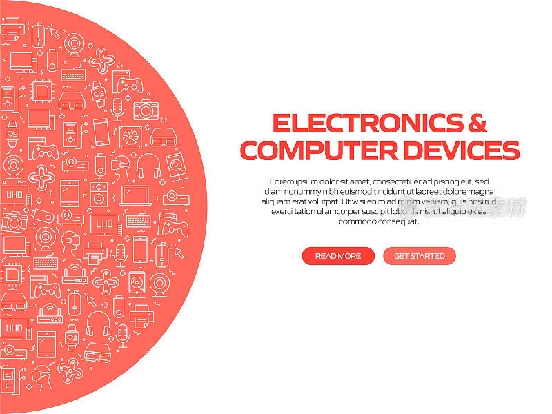 电子和设备相关的旗帜设计与模式。现代线条风格图标矢量插图