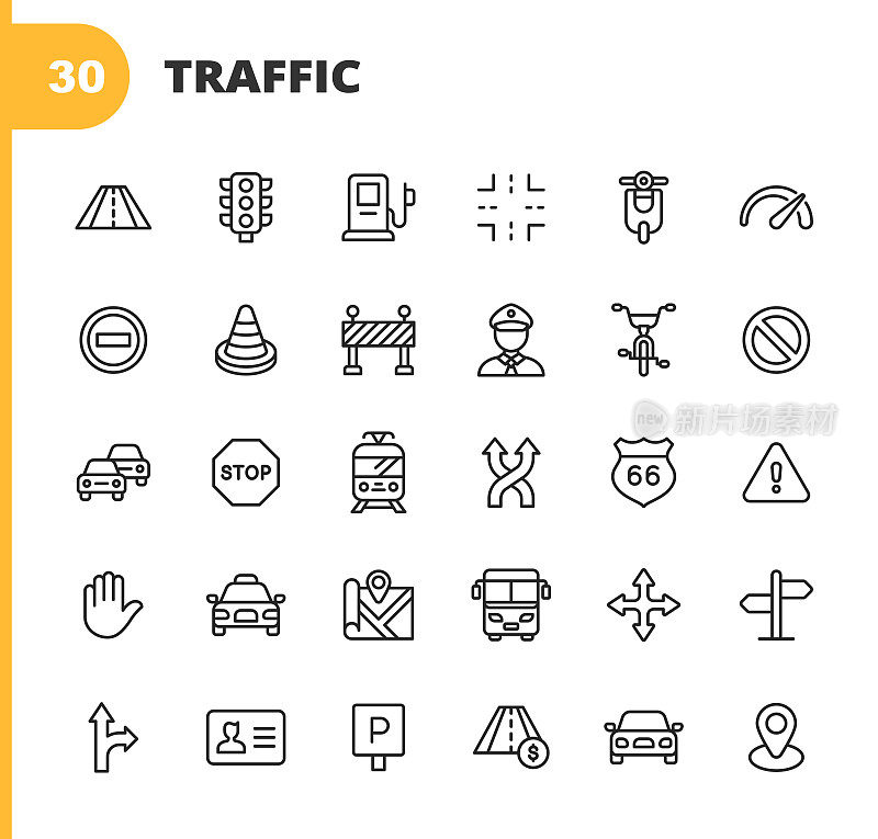 交通线图标。可编辑的中风。像素完美。移动和网络。包含如道路，交通灯，速度计，停止标志，交通锥，汽车，车辆，警告标志，地图，导航，出租车，加油站，有轨电车的图标。