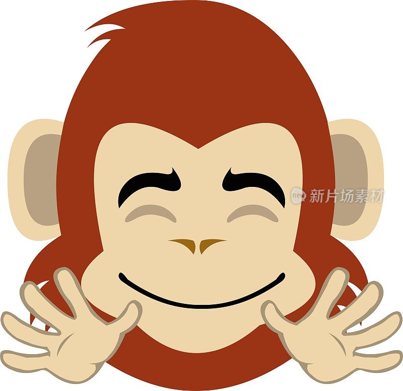 矢量表情插图卡通猴子的头与一个愉快的表情微笑，张开嘴和闭上眼睛，显示双手