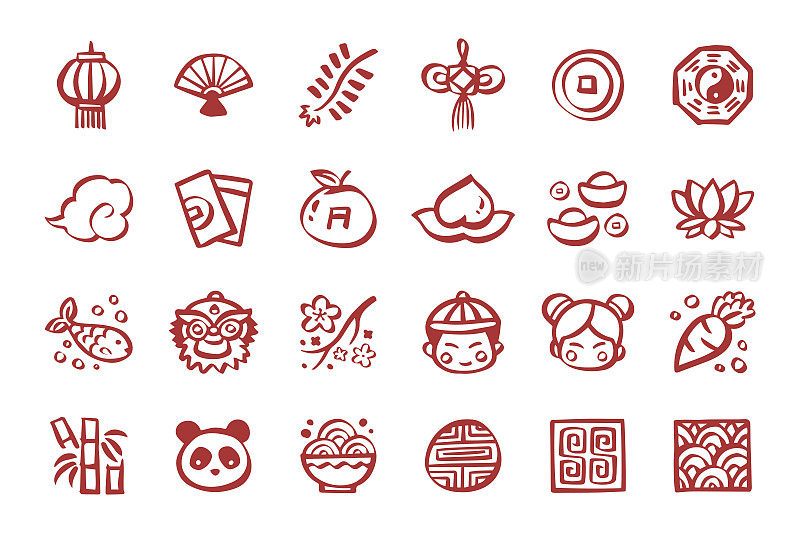 中国新年图标设置手绘涂鸦图标