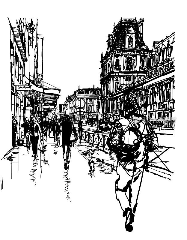 巴黎，雨后人们在维尔酒店附近散步