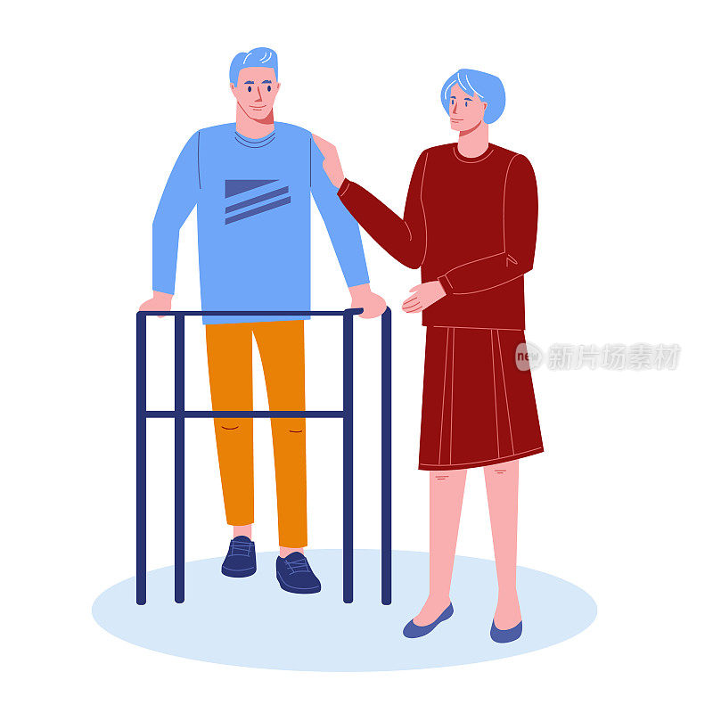 一个坐助行器的残疾人。那个女人帮助他，支持他。矢量插图在平面卡通风格。孤立在白色背景上。