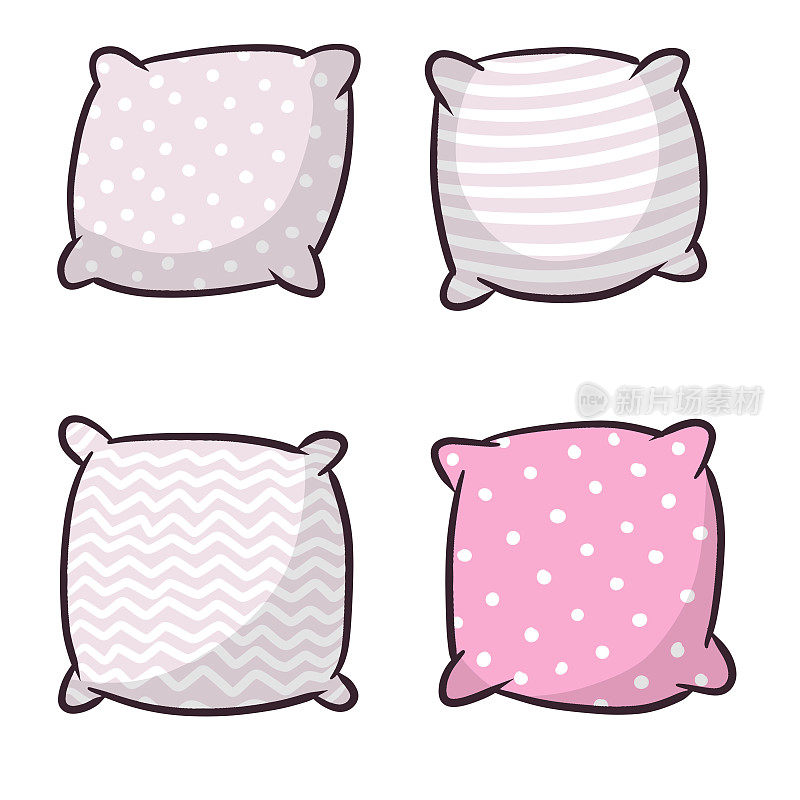 的枕头。大大小小的物体。卡通平面插图。颜色柔和的粉红色垫子。卧室和床的睡眠元素