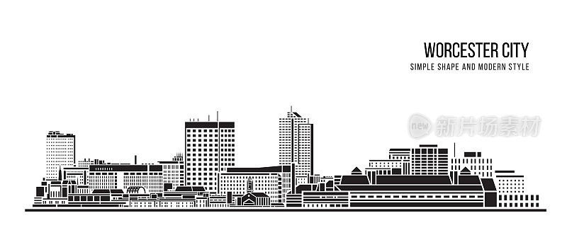 城市景观建筑抽象简约造型与现代风格艺术矢量设计——伍斯特城