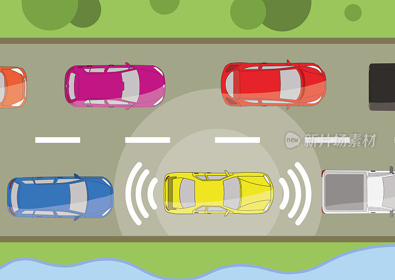 自动智能汽车开始扫描道路，观察距离。自动驾驶电动汽车改变车道，超过城市车辆自动智能汽车在道路上的交通。扫视道路，观察距离。未来的概念。