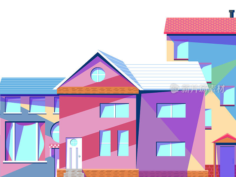 简单的城市景观矢量插图-五彩缤纷的房子。