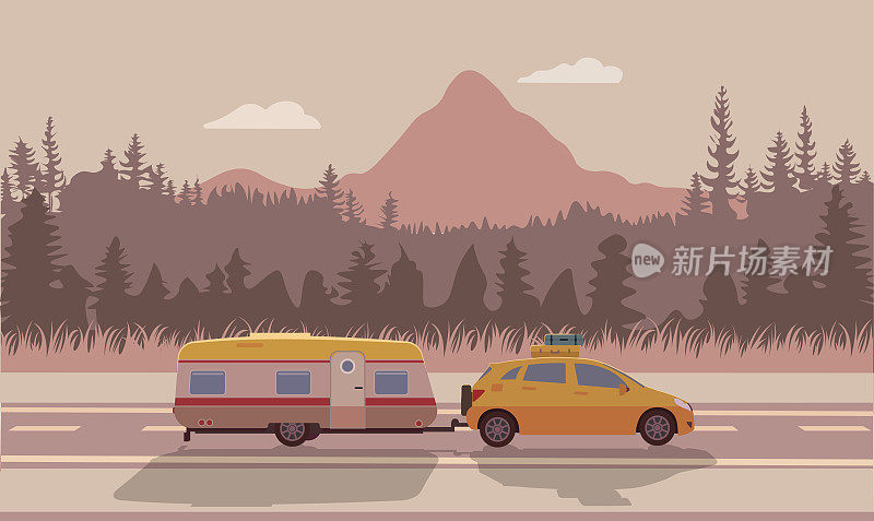 野营车拖车孤立的大篷车。有森林、山脉和湖泊的夏季景观。矢量平面风格插图。