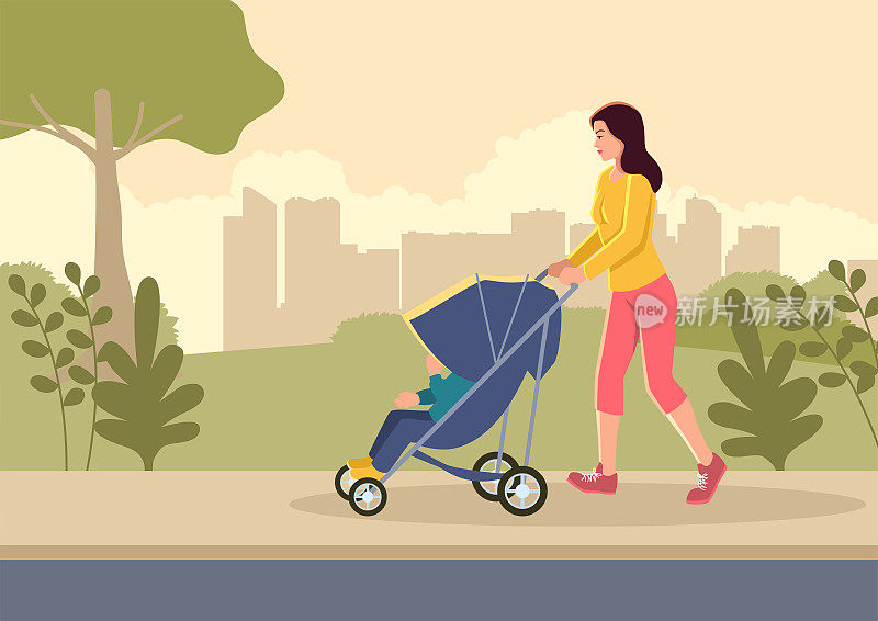 母亲推着婴儿车在城市公园里散步