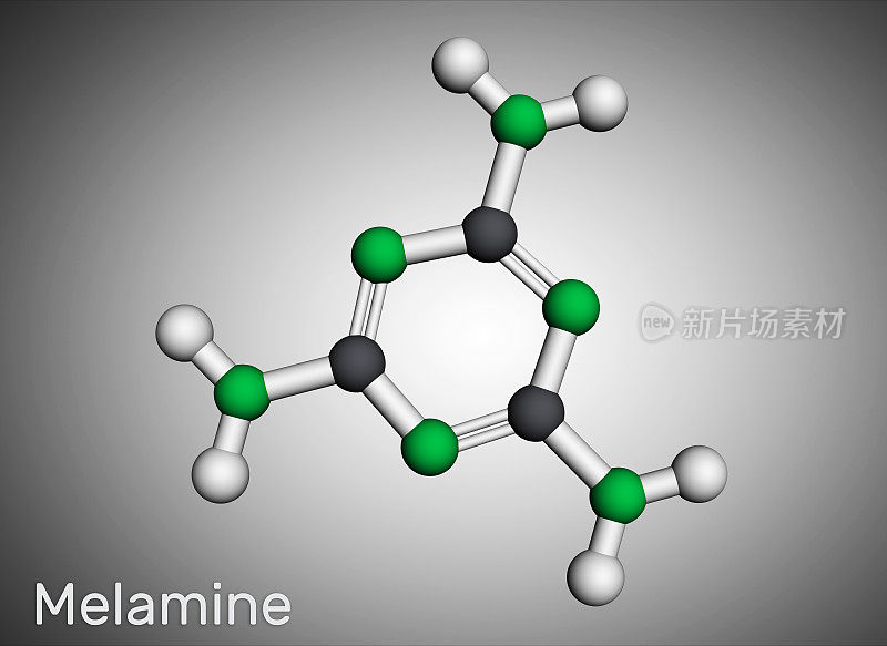 三聚氰胺C3H6N6分子。它用于生产三聚氰胺树脂。分子模型。三维渲染
