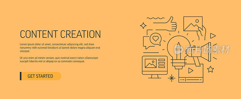 内容创造相关的网页横幅线风格。现代设计矢量插图网页横幅，网站标题等。股票插图