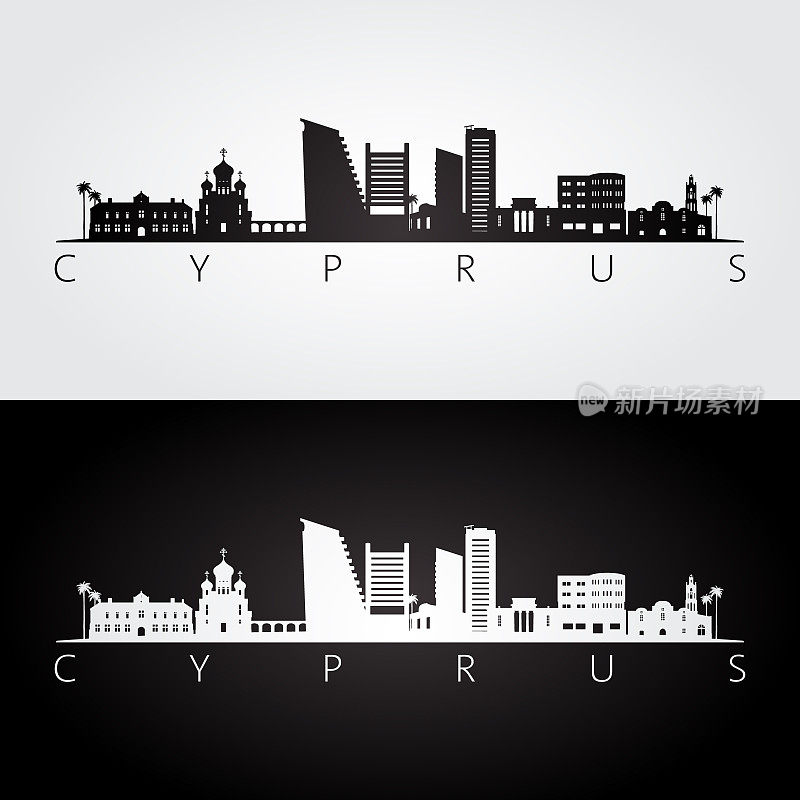 塞浦路斯天际线和地标剪影，黑白设计，矢量插图。