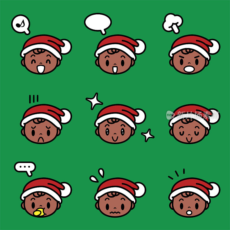 一个可爱的小男孩或小女孩戴着圣诞帽，有9个面部表情，颜色柔和