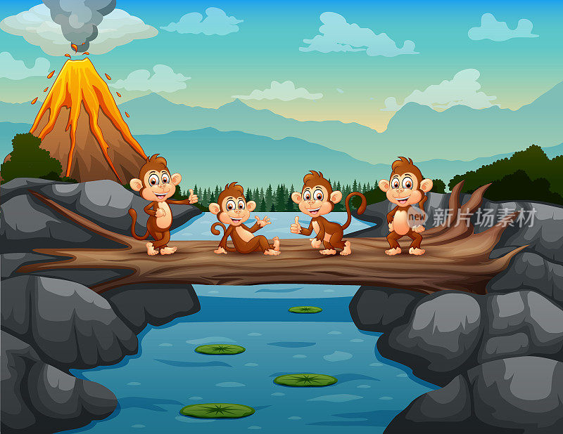 卡通猴子在树干桥上