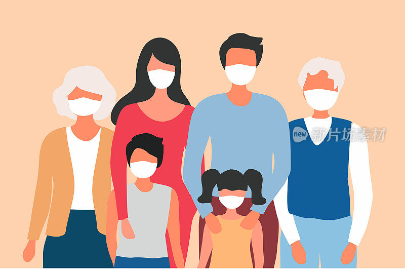 幸福家庭戴口罩保护免受covid-19病毒爆发病媒插图。新冠肺炎疫情防控和污染防治理念