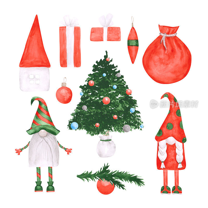 设置10个圣诞节对象孤立在白色的背景。水彩画地精、礼物、圣诞树、节日球、房子、一根树枝和一袋礼物。童话人物。