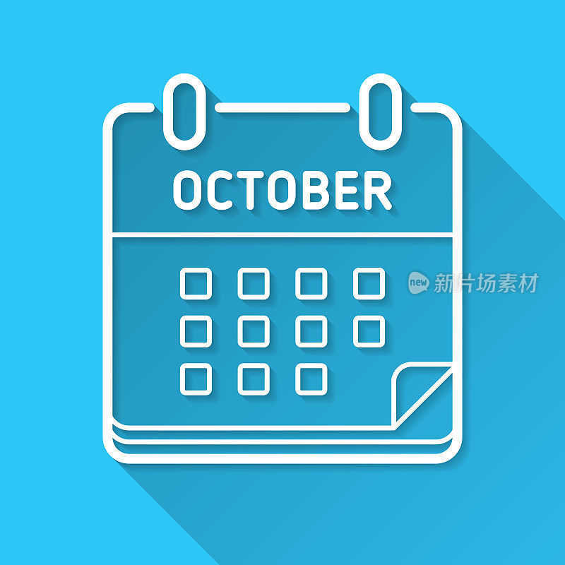10月日历。图标在蓝色背景-平面设计与长阴影